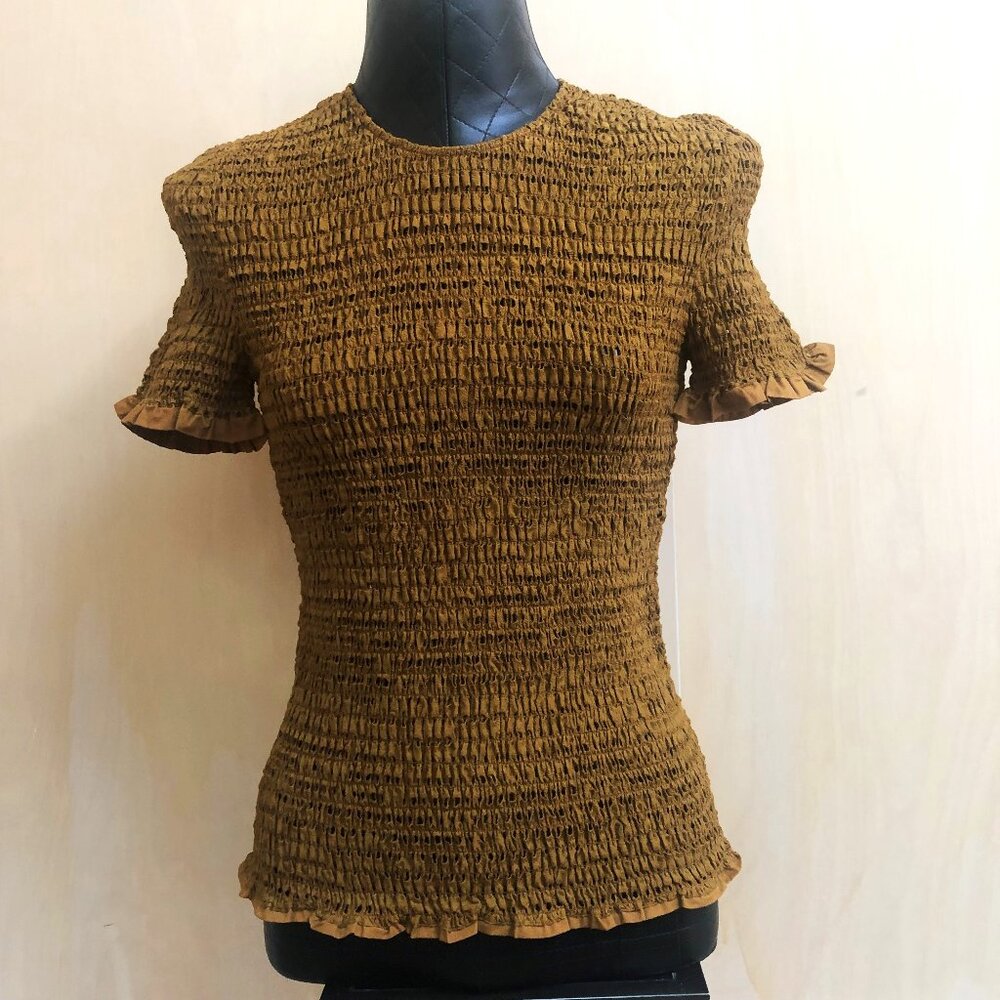 Proenza Schouler White Label Shirred Eyelet Top with Ruffled Edge Sleeve and Hem